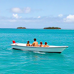 Caribbean Holidays, November Family Holidays, A family taking a gentle boat trip through clear turquoise water near Providenciales, with small islands in the distance