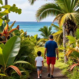 Caribbean Holidays, November Family Holidays, A family walking through a lush tropical trail overlooking the sea in Virgin Islands National Park on St John