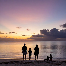 Caribbean Holidays, November Family Holidays, A family watching a colourful sunset over the sea from a quiet Turks and Caicos beach