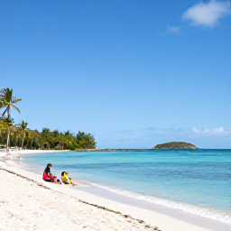 Caribbean Holidays, November Family Holidays, A relaxed family enjoying a sunny beach day with calm turquoise water and palm trees in the United States Virgin Islands