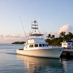 Caribbean Holidays, November Fishing, A deep-sea fishing boat leaving a bright Trinidad marina at sunrise, calm Caribbean water and tropical coastline