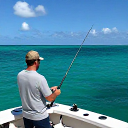 Caribbean Holidays, November Fishing, A friendly local fishing guide preparing rods and tackle on a modern boat in the clear waters near Grand Turk