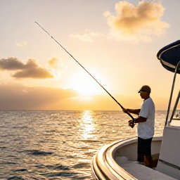 Caribbean Holidays, November Fishing, A relaxed angler holding a fishing rod at sunset beside a charter boat near Saint Barth&eacute;lemy, with warm golden light on the sea