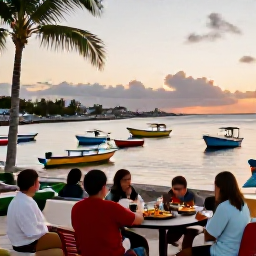 Caribbean Holidays, November Fishing, A relaxed Caribbean harbour at sunset with colourful boats, palm trees and diners enjoying fresh local seafood