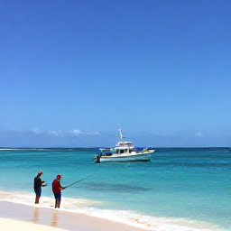 Caribbean Holidays, November Fishing, A small charter boat anchored beside a quiet turquoise bay, with anglers fishing near the shoreline of Providenciales