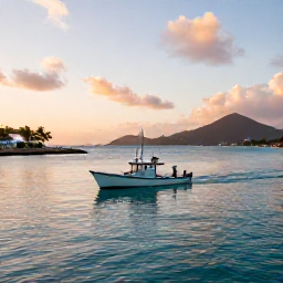 Caribbean Holidays, November Fishing, A small fishing boat leaving a turquoise Caribbean harbour at sunrise in the United States Virgin Islands
