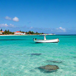 Caribbean Holidays, November Fishing, Angler fishing from a small boat over clear turquoise reef water near Saint Martin, colourful Caribbean coastline in the background