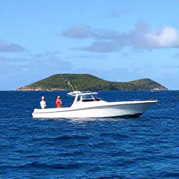 Caribbean Holidays, November Fishing, Anglers enjoying a deep sea fishing trip near St Thomas with blue water, a modern boat and distant green islands