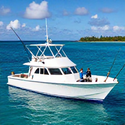 Caribbean Holidays, November Fishing, Anglers fishing from a modern charter boat in clear Caribbean water, with rods set out and tropical islands on the horizon