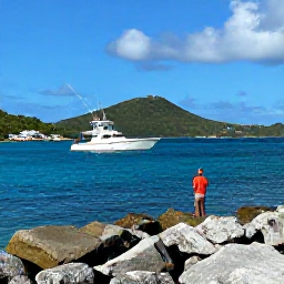 Caribbean Holidays, November Fishing, Anglers fishing from a modern charter boat near the rocky coastline of Saint Barth&eacute;lemy, with blue sea and low green hills in the background