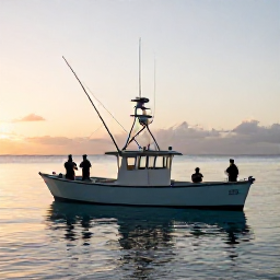 Caribbean Holidays, November Fishing, Anglers preparing a fishing boat at dawn in Sint Maarten, calm Caribbean sea, soft November sunlight