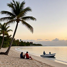 Caribbean Holidays, November Fishing, Anglers relaxing beside a beach after a fishing trip, with palm trees, pale sand and a glowing late-afternoon sky in the Turks and Caicos Islands