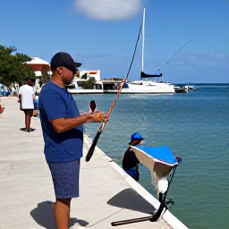 Caribbean Holidays, November Fishing, Friendly local fishing guide discussing tackle with holidaymakers on a marina quay in Sint Maarten