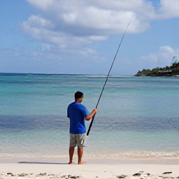 Caribbean Holidays, November Fishing, Friendly local fishing guide helping holidaymakers prepare rods beside a calm Caribbean beach in St Croix