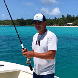 Caribbean Holidays, November Fishing, Friendly local fishing guide preparing rods and tackle on a Trinidad and Tobago boat, tropical coast in the background