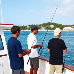 Caribbean Holidays, November Fishing, Friendly local fishing guides preparing rods and tackle on a charter boat in Gustavia harbour, Saint Barth&eacute;lemy