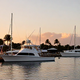 Caribbean Holidays, November Fishing, Golden evening over a Caribbean marina in the United States Virgin Islands with fishing boats, palm trees and calm water
