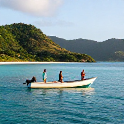 Caribbean Holidays, November Fishing, Travellers enjoying a peaceful Caribbean fishing morning on a small boat near Tobago, green hills and turquoise water