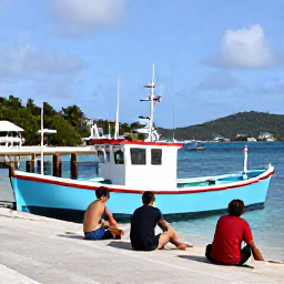 Caribbean Holidays, November Fishing, Visitors relaxing beside a colourful fishing boat after a successful day in a British Virgin Islands harbour