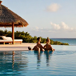 Caribbean Holidays, November Getaways, Adult couple relaxing beside a quiet infinity pool at a stylish Cura&ccedil;ao resort in warm November sunshine