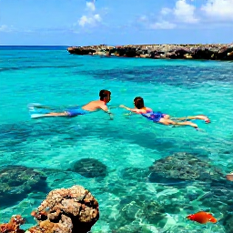 Caribbean Holidays, November Getaways, Couple snorkelling in transparent water near a Cura&ccedil;ao reef, with colourful tropical fish and rocky coastline