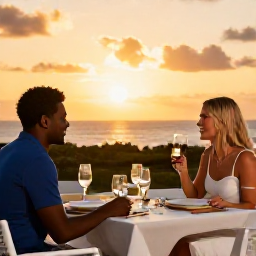 Caribbean Holidays, November Getaways, Elegant adults-only resort restaurant in Cura&ccedil;ao serving dinner outdoors at sunset
