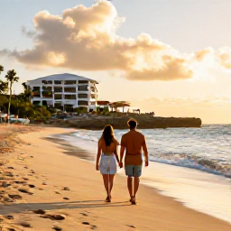Caribbean Holidays, November Getaways, Happy adult couple walking along a peaceful Cura&ccedil;ao beach at sunset near their resort