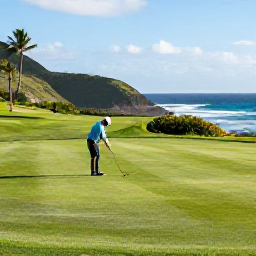 Caribbean Holidays, November Golf, A golfer teeing off on a beautifully maintained Bermuda course, with coastal views, green hills and soft November sunshine