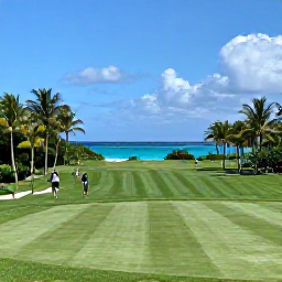 Caribbean Holidays, November Golf, A sunny Bermuda golf course beside the turquoise Atlantic in November, with palm trees and golfers walking the fairway