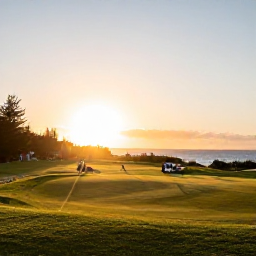 Caribbean Holidays, November Golf, A welcoming Bermuda golf resort clubhouse at sunset, with golfers relaxing after a November round and the Atlantic beyond