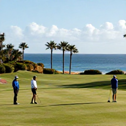 Caribbean Holidays, November Golf, Golfers enjoying a relaxed November round in Bermuda, with light clothing, palm trees and a calm blue sea in the background
