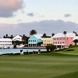 Caribbean Holidays, November Golf, Hamilton, Bermuda, with pastel buildings, a harbour, boats and visitors exploring the town after a morning of golf