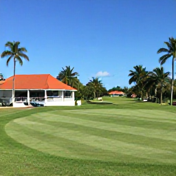 Caribbean Holidays, November Golf Holidays, A golf holiday scene in Trinidad and Tobago with clubs, a tropical fairway, palm trees and a welcoming clubhouse