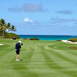 Caribbean Holidays, November Golf Holidays, A golfer beside a picturesque Tobago fairway with turquoise sea, palms and tropical vegetation in the background