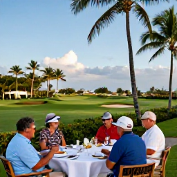 Caribbean Holidays, November Golf Holidays, A relaxed evening at a Puerto Rico golf resort with golfers dining outdoors near palm trees