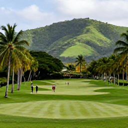 Caribbean Holidays, November Golf Holidays, A scenic Trinidad golf course bordered by palm trees and green hills, with golfers walking between holes