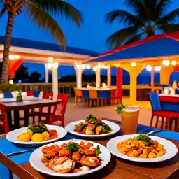 Caribbean Holidays, November Holidays, A colourful Caribbean restaurant serving fresh seafood and local dishes in an open-air setting, with palm trees and a relaxed evening atmosphere