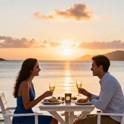 Caribbean Holidays, November Holidays, A couple enjoying a relaxed sunset dinner at an all-inclusive Caribbean resort in the United States Virgin Islands