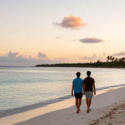 Caribbean Holidays, November Holidays, A couple walking along a quiet beach at sunset in the Turks and Caicos Islands, with calm water, pastel skies and a relaxed holiday mood