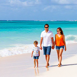 Caribbean Holidays, November Holidays, A happy family walking along a sunny Caribbean beach in November, turquoise sea, soft white sand, relaxed holiday atmosphere