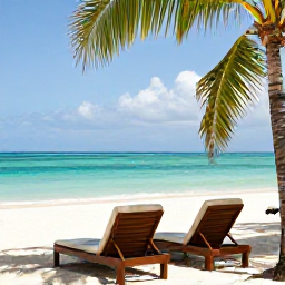 Caribbean Holidays, November Holidays, A relaxed tropical beach in Trinidad and Tobago with clear turquoise water, palm trees and comfortable resort loungers in warm November sunshine
