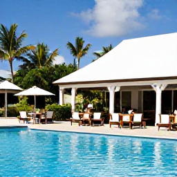 Caribbean Holidays, November Holidays, A stylish all-inclusive resort in Tobago with an inviting swimming pool, outdoor dining terrace, tropical gardens and guests enjoying a sunny November afternoon