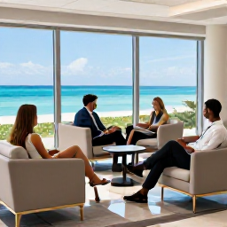 Caribbean Holidays, November Holidays, Business-class passengers relaxing in a bright airport lounge before flying to the turquoise waters of Turks and Caicos Islands