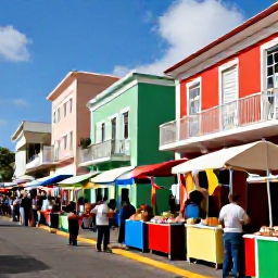 Caribbean Holidays, November Holidays, Bustling Port of Spain street scene in November with colourful buildings, food stalls, Caribbean flags and local people enjoying music