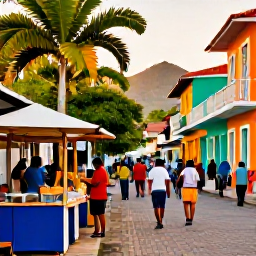 Caribbean Holidays, November Holidays, Colourful Port of Spain street scene in Trinidad with local food stalls, tropical vegetation and visitors exploring the city in warm daylight