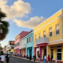 Caribbean Holidays, November Holidays, Colourful street scene in Philipsburg, Sint Maarten, with pastel buildings, Caribbean people and warm November sunshine