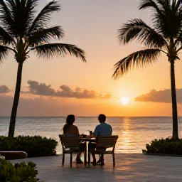 Caribbean Holidays, November Holidays, Couple enjoying a peaceful sunset from a Caribbean resort terrace in Tobago, with palm trees, warm evening light and ocean views