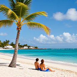 Caribbean Holidays, November Holidays, Couple relaxing on a peaceful Caribbean beach in Saint Martin during November, with palm trees and clear blue water