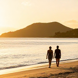 Caribbean Holidays, November Holidays, Couple walking along a quiet Saint Kitts beach at sunset with calm water, warm golden light and distant green hills