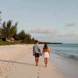 Caribbean Holidays, November Holidays, Couple walking along a quiet white-sand beach in Turks and Caicos at golden hour in November